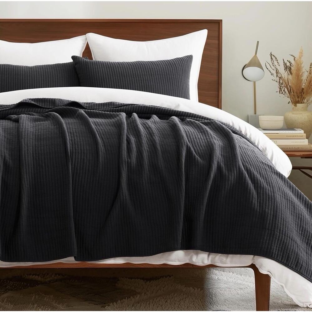 EVERGRACEHOME Cotton Coverlet Set Full Queen Size 3 Pieces Washed Black